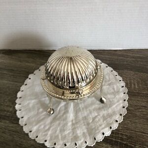 Vtg Silver Tone Roll Top Domed Butter Caviar Dish